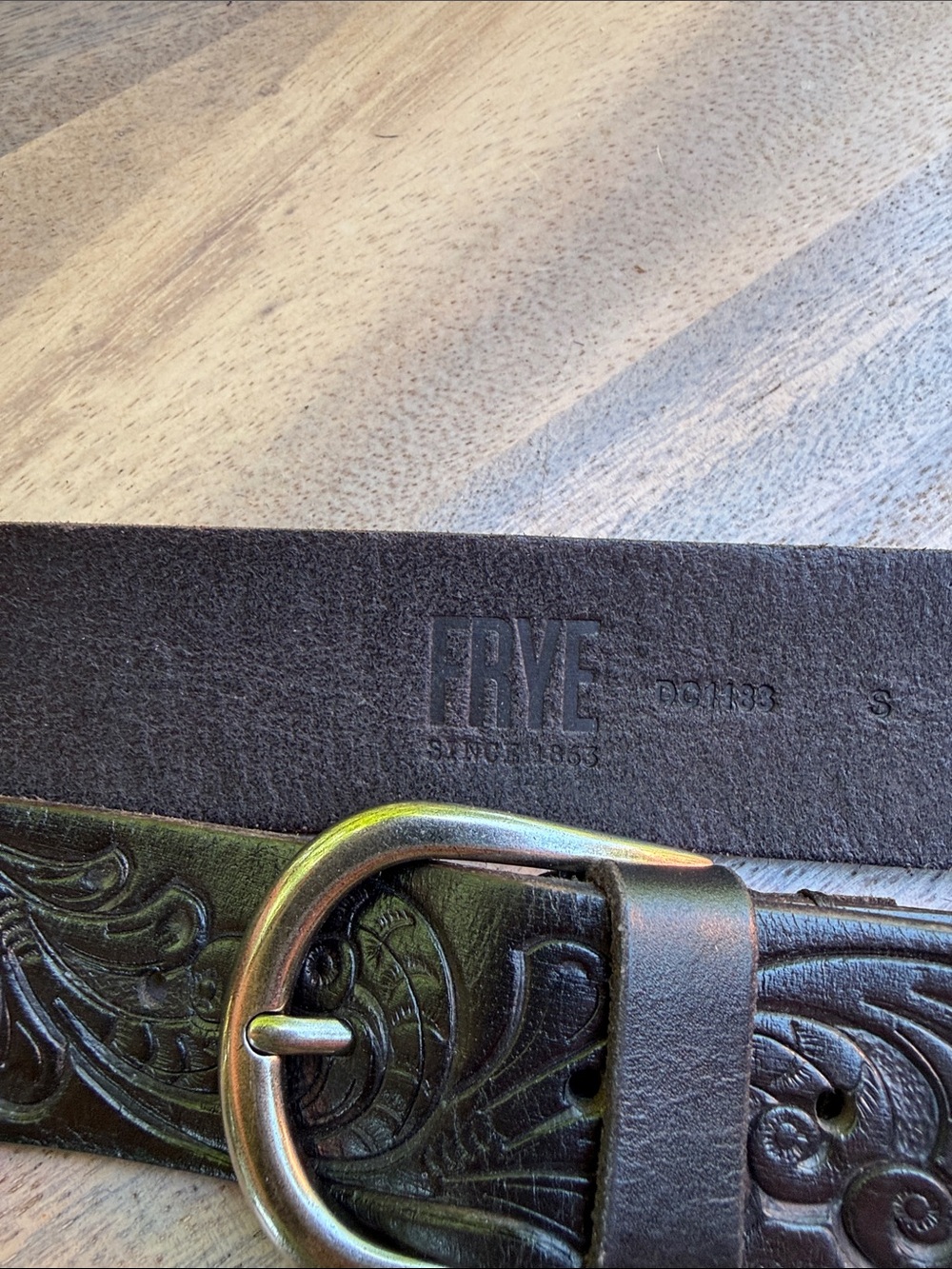 Frye Brown Tooled Leather Belt with Aged Brass Buckle